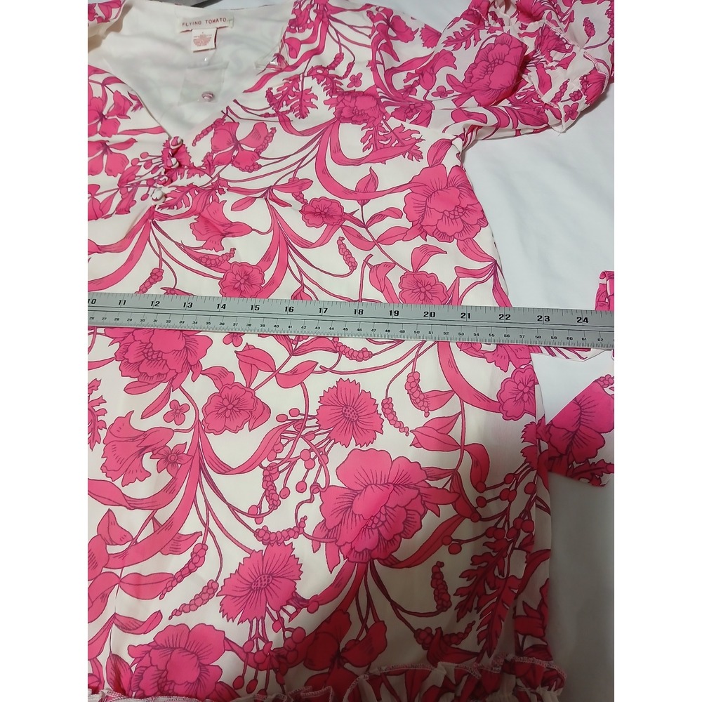 Flying Tomato Pink White Floral Bell Sleeve Tiered Mini Dress ID17931 Womens L - Picture 10 of 12